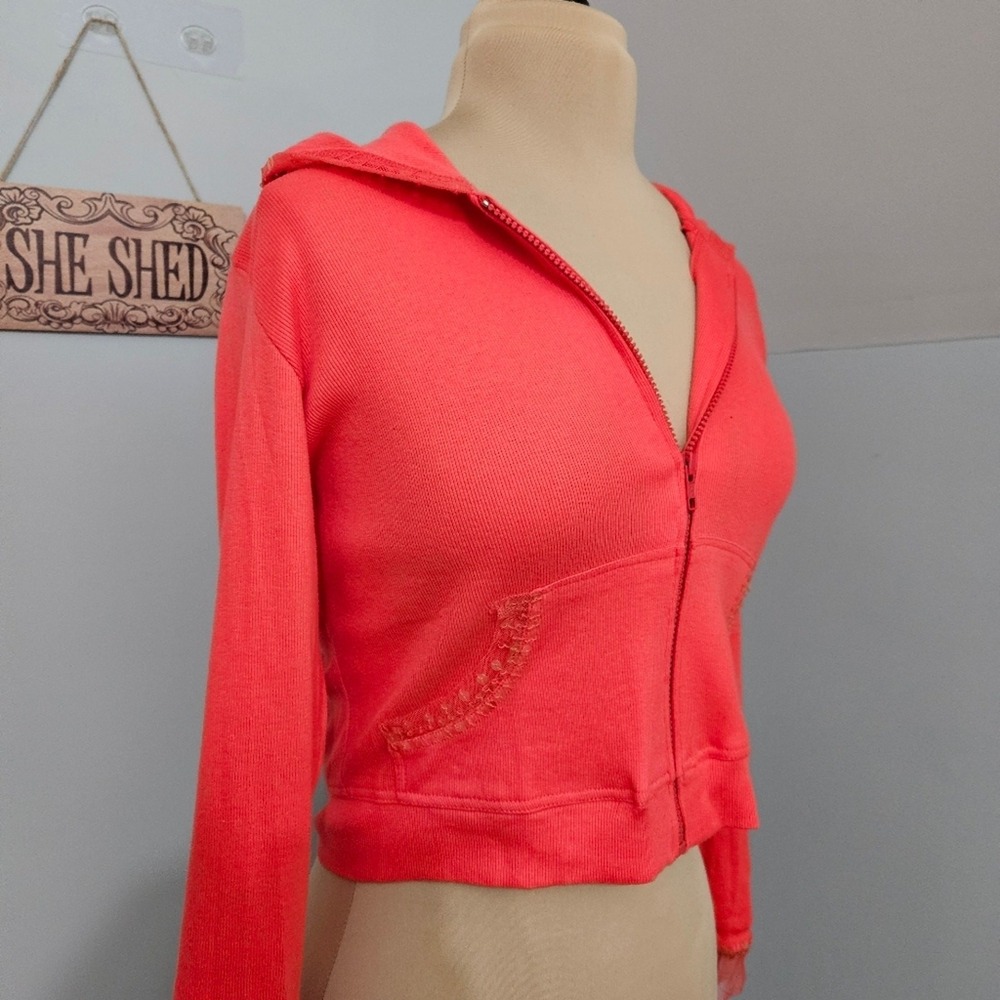 Haven Bleu Coral Zip Front Hoodie Medium Sequined Mesh Jacket Cropped Fit - Picture 4 of 16